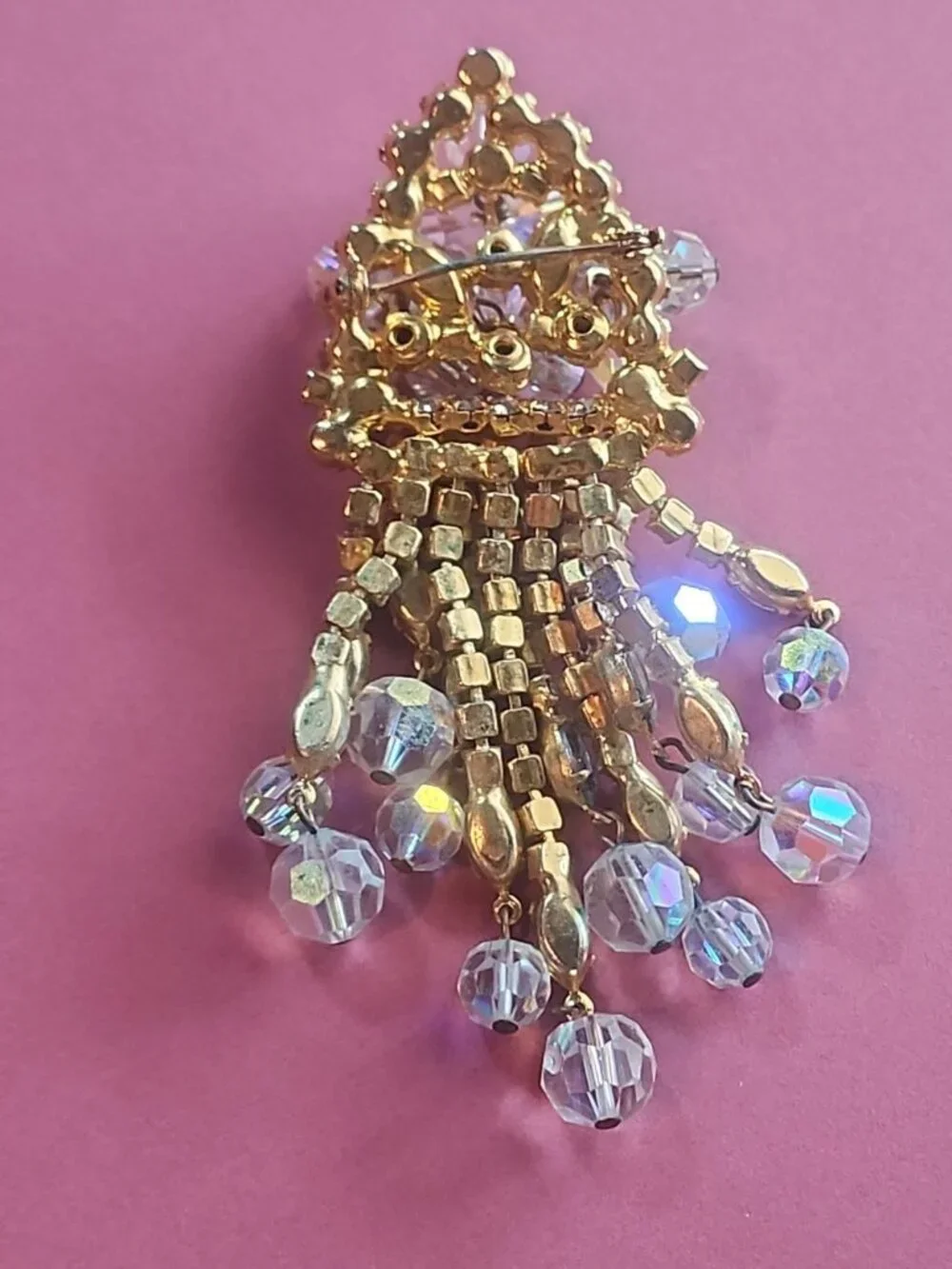 Vintage 1950s Aurora Borealis Crystal Waterfall Brooch - 12-Strand Tassel Pin